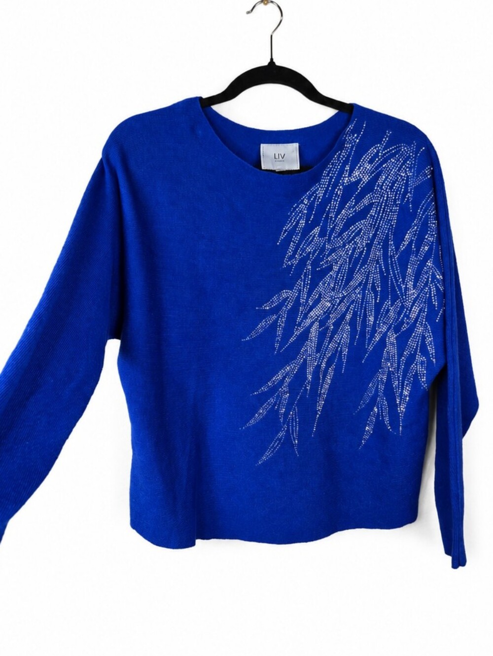 LIV Milano Blue Rhinestone Embellished Knit Sweater Top Medium Sparkle - Picture 1 of 9